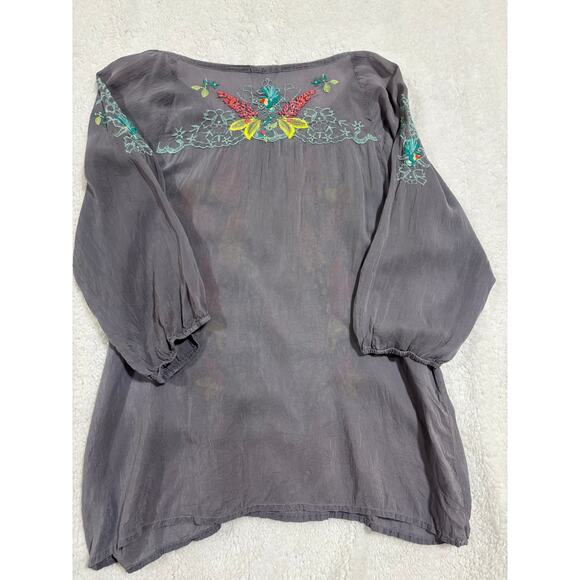 Johnny Was Embroidered Boho Peasant Tunic Top Gray Multicolor Floral Size L - Picture 6 of 6